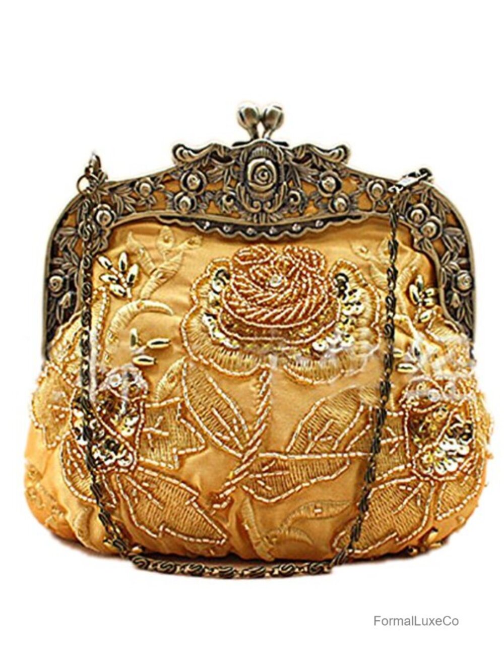Vintage Beaded Sequin Flower Evening Clutch Handbag with Chain Strap